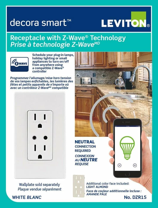 Leviton Decora Smart Receptacle With Z-Wave Technology, Model DZR15722* 2 Leviton Decora Smart Receptacle With Z-Wave Technology, Model DZR15722* - Image 2