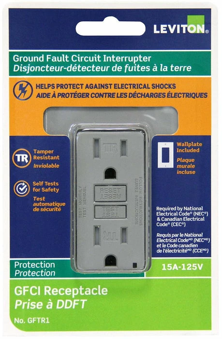 Leviton 15 Amp SmartlockPro GFCI Tamper-Resistant Receptacle With LED Indicator, Gray, Model GFTR1-GY* 1 Leviton 15 Amp SmartlockPro GFCI Tamper-Resistant Receptacle With LED Indicator, Gray, Model GFTR1-GY*
