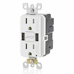 Leviton 15A GFCI Combination Receptacle With Type A USB Charger In White, Model GUSB1-W* -Outlets Sales Store GUSB1 W b 700x700