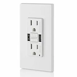Leviton 15A GFCI Combination Receptacle With Type A USB Charger In White, Model GUSB1-W* -Outlets Sales Store GUSB1 W d 700x700