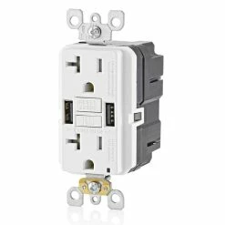 Leviton 20A GFCI Combination Receptacle With Type A USB Charger In White, Model GUSB2-W* -Outlets Sales Store GUSB2 W b 700x700