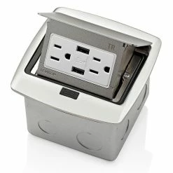 Leviton Pop-Up Floor Box Receptacle With Combo Dual Type A USB Charger & Outlet (Brushed Nickel) Model PFUS1-002