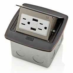 Leviton Pop-Up Floor Box Receptacle With Combo Dual Type A USB Charger & Outlet (Bronze) Model PFUS1-004