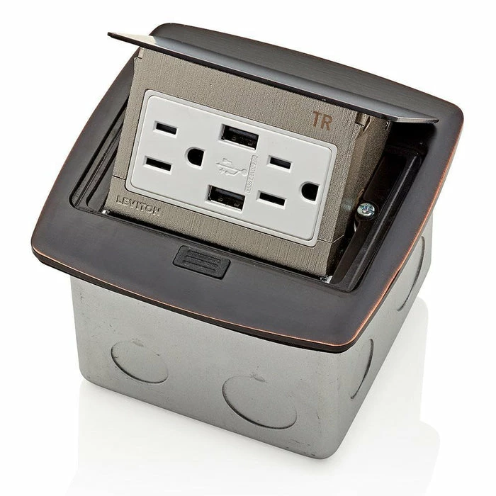 Leviton Pop-Up Floor Box Receptacle With Combo Dual Type A USB Charger & Outlet (Bronze) Model PFUS1-004 1 Leviton Pop-Up Floor Box Receptacle With Combo Dual Type A USB Charger & Outlet (Bronze) Model PFUS1-004