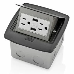 Leviton Pop-Up Floor Box Receptacle With Combo Dual Type A USB Charger & Outlet (Black) Model PFUS1MB