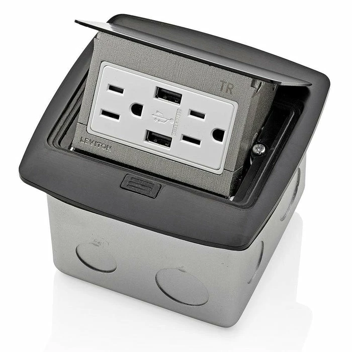 Leviton Pop-Up Floor Box Receptacle With Combo Dual Type A USB Charger & Outlet (Black) Model PFUS1MB 1 Leviton Pop-Up Floor Box Receptacle With Combo Dual Type A USB Charger & Outlet (Black) Model PFUS1MB
