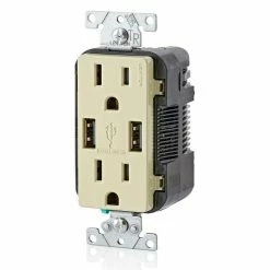 Leviton Type-A Dual USB Charger With 15A Tamper-Resistant Receptacle (Ivory) Model T5632* -Outlets Sales Store T5632 I b 700x700