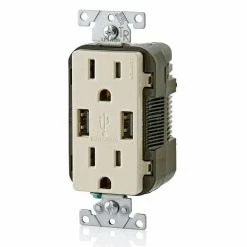 Leviton Type-A Dual USB Charger With 15A Tamper-Resistant Receptacle (Light Almond) Model T5632* -Outlets Sales Store T5632 T b 700x700
