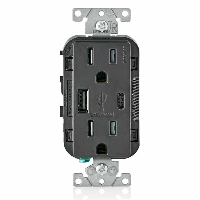 Leviton Type-A & Type-C USB Charger With 15A Tamper-Resistant Receptacle (Black) Model T5633 1 Leviton Type-A & Type-C USB Charger With 15A Tamper-Resistant Receptacle (Black) Model T5633