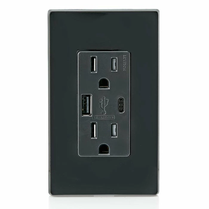 Leviton Type-A & Type-C USB Charger With 15A Tamper-Resistant Receptacle (Black) Model T5633 3 Leviton Type-A & Type-C USB Charger With 15A Tamper-Resistant Receptacle (Black) Model T5633 - Image 3