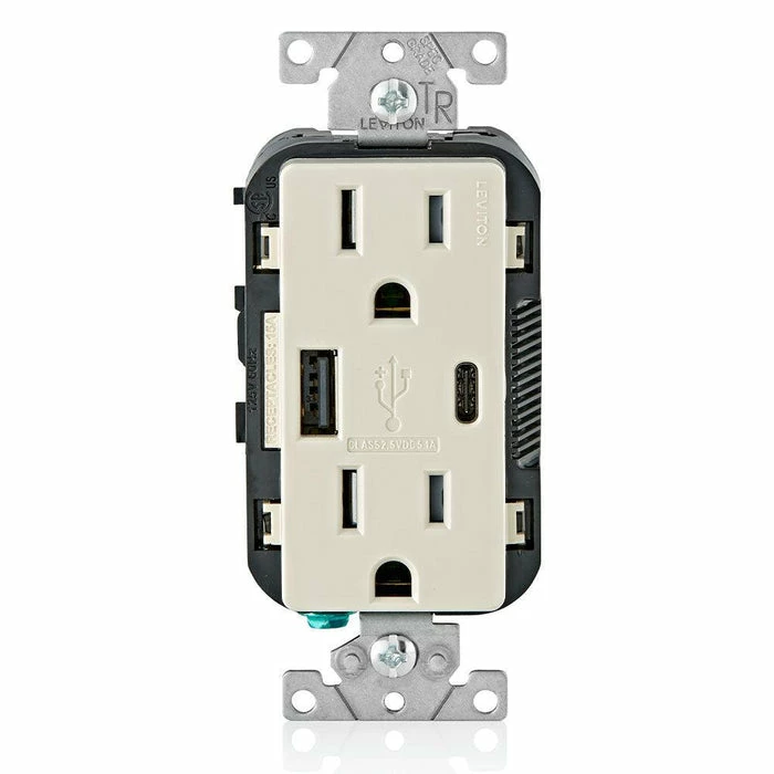 Leviton Type-A & Type-C USB Charger With 15A Tamper-Resistant Receptacle (Light Almond) Model T5633* 1 Leviton Type-A & Type-C USB Charger With 15A Tamper-Resistant Receptacle (Light Almond) Model T5633*