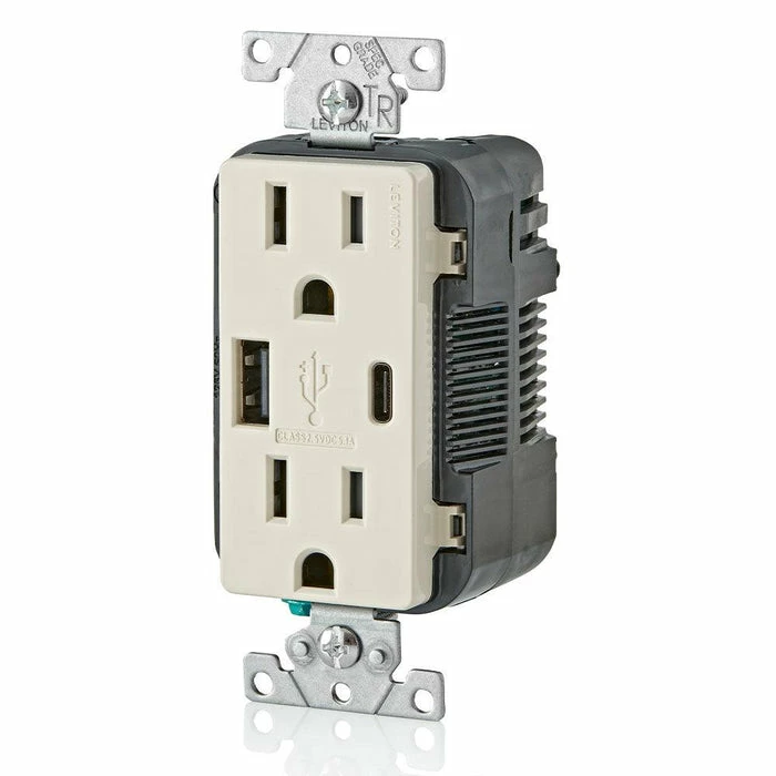Leviton Type-A & Type-C USB Charger With 15A Tamper-Resistant Receptacle (Light Almond) Model T5633* 2 Leviton Type-A & Type-C USB Charger With 15A Tamper-Resistant Receptacle (Light Almond) Model T5633* - Image 2