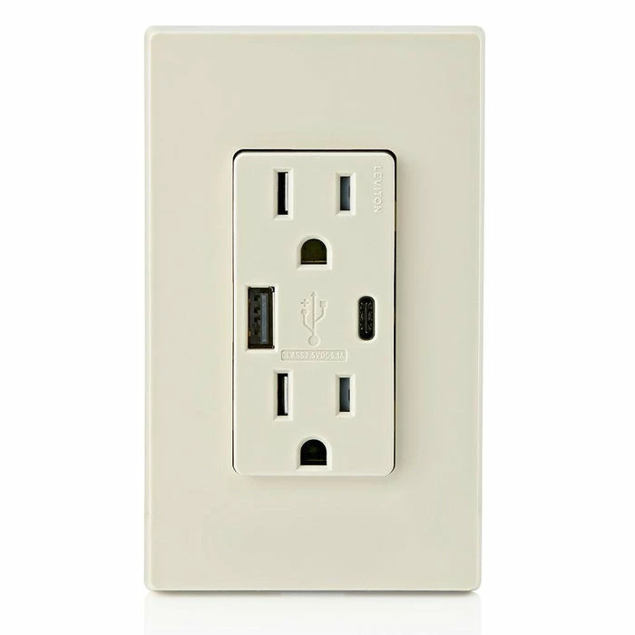 Leviton Type-A & Type-C USB Charger With 15A Tamper-Resistant Receptacle (Light Almond) Model T5633* 3 Leviton Type-A & Type-C USB Charger With 15A Tamper-Resistant Receptacle (Light Almond) Model T5633* - Image 3