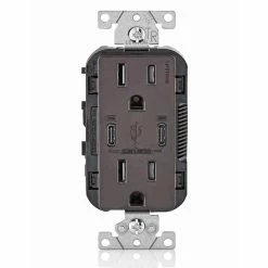 Leviton Type-C Dual USB Charger With 15A Tamper-Resistant Receptacle (Brown) Model T5635