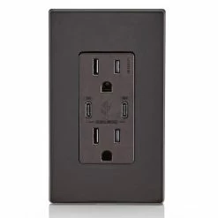 Leviton Type-C Dual USB Charger With 15A Tamper-Resistant Receptacle (Brown) Model T5635 -Outlets Sales Store T5635 B 03 700x700