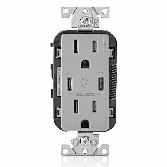 Leviton Type-C Dual USB Charger With 15A Tamper-Resistant Receptacle (Grey) Model T5635 1 Leviton Type-C Dual USB Charger With 15A Tamper-Resistant Receptacle (Grey) Model T5635