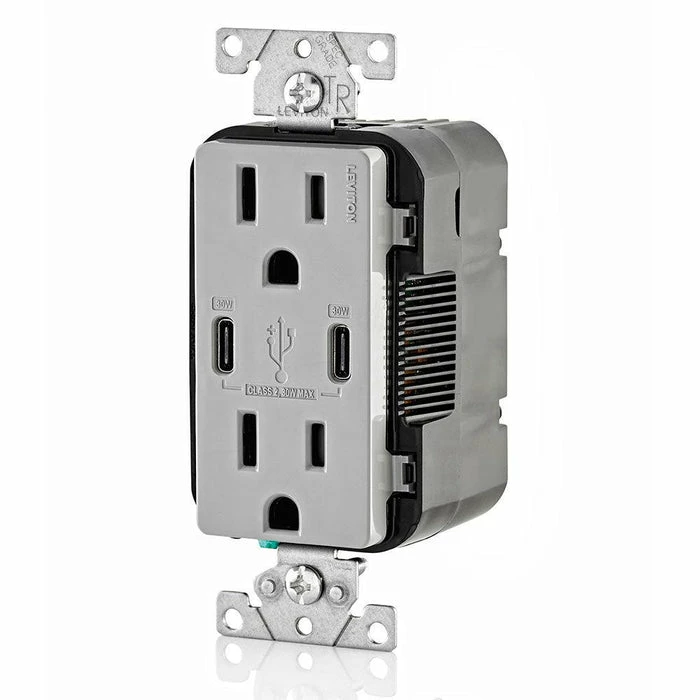 Leviton Type-C Dual USB Charger With 15A Tamper-Resistant Receptacle (Grey) Model T5635 2 Leviton Type-C Dual USB Charger With 15A Tamper-Resistant Receptacle (Grey) Model T5635 - Image 2