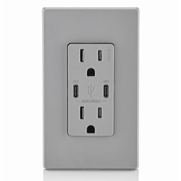 Leviton Type-C Dual USB Charger With 15A Tamper-Resistant Receptacle (Grey) Model T5635 3 Leviton Type-C Dual USB Charger With 15A Tamper-Resistant Receptacle (Grey) Model T5635 - Image 3