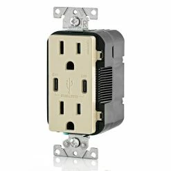 Leviton Type-C Dual USB Charger With 15A Tamper-Resistant Receptacle (Ivory) Model T5635* -Outlets Sales Store T5635 I 02 700x700