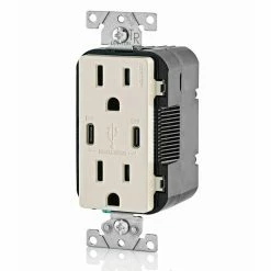 Leviton Type-C Dual USB Charger With 15A Tamper-Resistant Receptacle (Light Almond) Model T5635* -Outlets Sales Store T5635 T 02 700x700