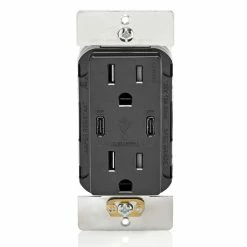 Leviton Dual USB Type C/C Wall Outlet Charger With 15A Tamper-Resistant Outlet In Black, Model T5636-E*