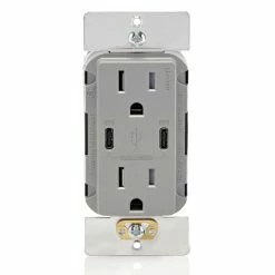 Leviton Dual USB Type C/C Wall Outlet Charger With 15A Tamper-Resistant Outlet In Gray, Model T5636-G*