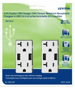 Leviton Package Of 2 Dual USB Type A Charger With 20A Tamper-Resistant Receptacle, White, Model T5832-754