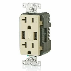 Leviton Type-A Dual USB Charger With 20A Tamper-Resistant Receptacle (Ivory) Model T5832* -Outlets Sales Store T5832 I b 700x700