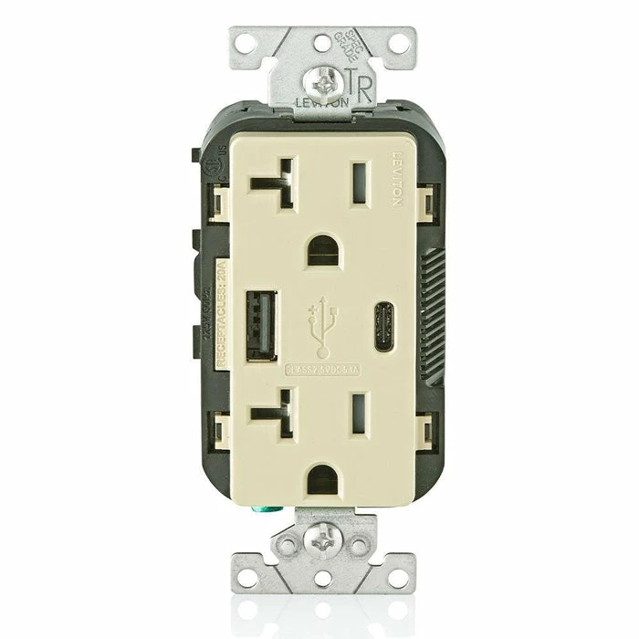 Leviton Type-A & Type-C USB Charger With 20A Tamper-Resistant Receptacle (Ivory) Model T5833* 1 Leviton Type-A & Type-C USB Charger With 20A Tamper-Resistant Receptacle (Ivory) Model T5833*