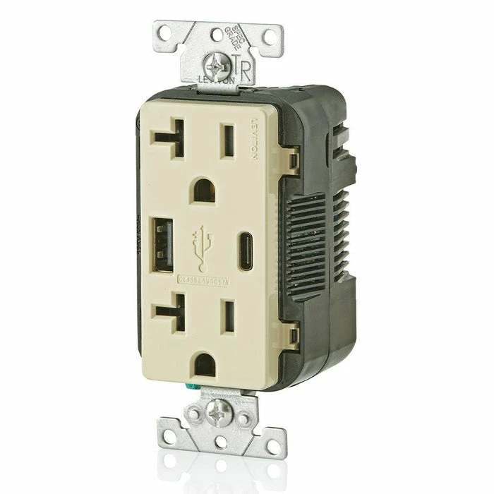 Leviton Type-A & Type-C USB Charger With 20A Tamper-Resistant Receptacle (Ivory) Model T5833* 2 Leviton Type-A & Type-C USB Charger With 20A Tamper-Resistant Receptacle (Ivory) Model T5833* - Image 2