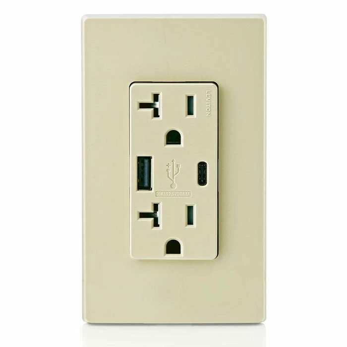Leviton Type-A & Type-C USB Charger With 20A Tamper-Resistant Receptacle (Ivory) Model T5833* 3 Leviton Type-A & Type-C USB Charger With 20A Tamper-Resistant Receptacle (Ivory) Model T5833* - Image 3