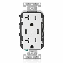Leviton Dual Type-C USB Charger With 20A Tamper-Resistant Receptacle, White, Model T5835-W