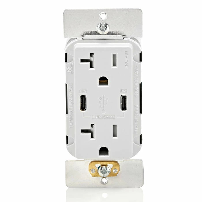 Leviton Dual USB Type C/C Wall Outlet Charger With 20A Tamper-Resistant Outlet In White, Model T5836-W* 1 Leviton Dual USB Type C/C Wall Outlet Charger With 20A Tamper-Resistant Outlet In White, Model T5836-W*