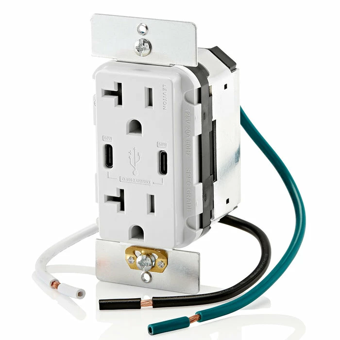 Leviton Dual USB Type C/C Wall Outlet Charger With 20A Tamper-Resistant Outlet In White, Model T5836-W* 4 Leviton Dual USB Type C/C Wall Outlet Charger With 20A Tamper-Resistant Outlet In White, Model T5836-W* - Image 4