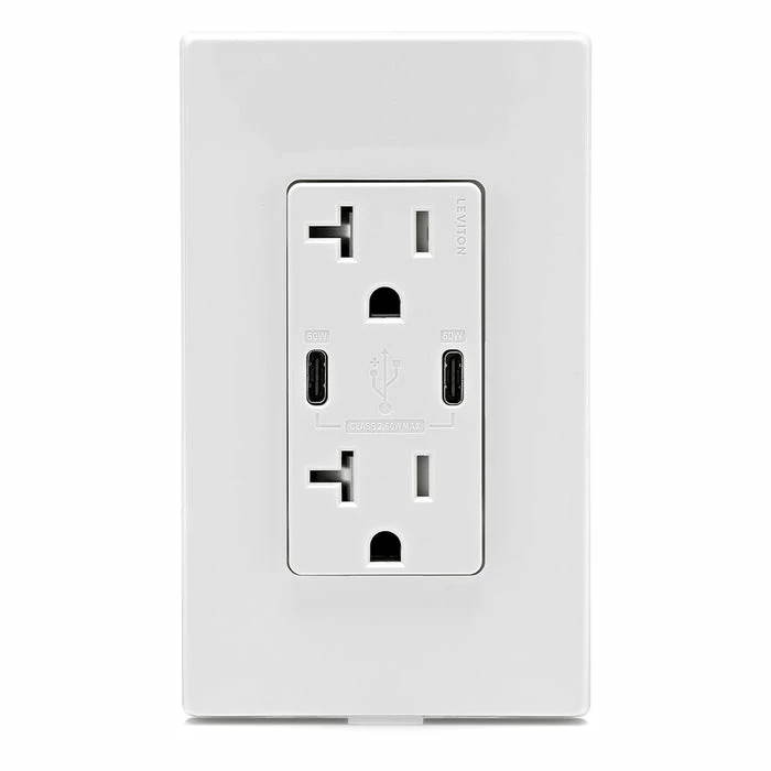 Leviton Dual USB Type C/C Wall Outlet Charger With 20A Tamper-Resistant Outlet In White, Model T5836-W* 3 Leviton Dual USB Type C/C Wall Outlet Charger With 20A Tamper-Resistant Outlet In White, Model T5836-W* - Image 3